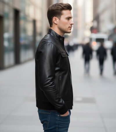 Black Leather Jacket With Straight Ribbed Collar