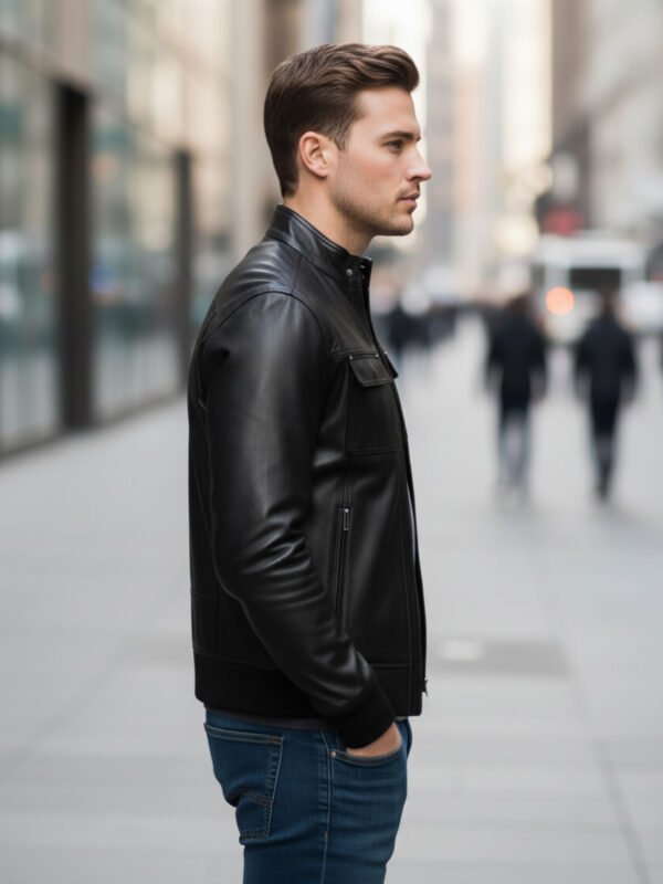 Black Leather Jacket With Straight Ribbed Collar