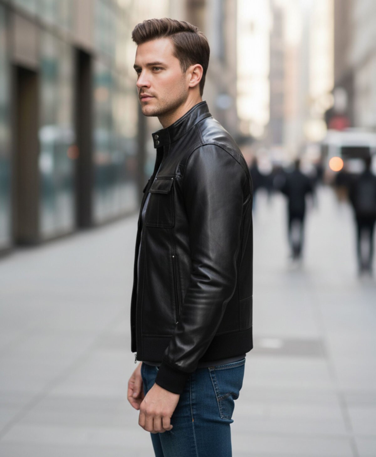 Black Leather Jacket With Straight Ribbed Collar