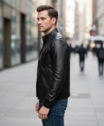 Black Leather Jacket With Straight Ribbed Collar