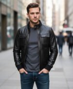 Black Leather Jacket With Straight Ribbed Collar