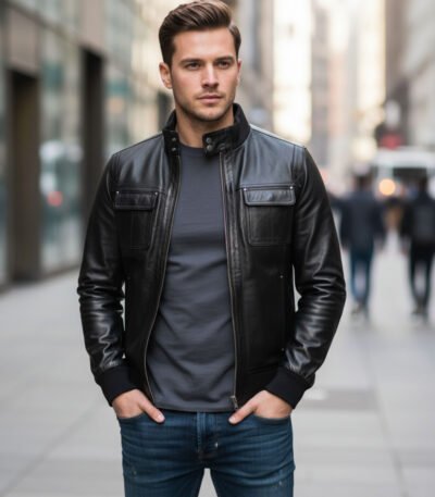 Black Leather Jacket With Straight Ribbed Collar