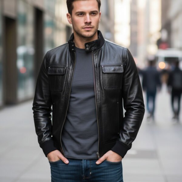 Black Leather Jacket With Straight Ribbed Collar