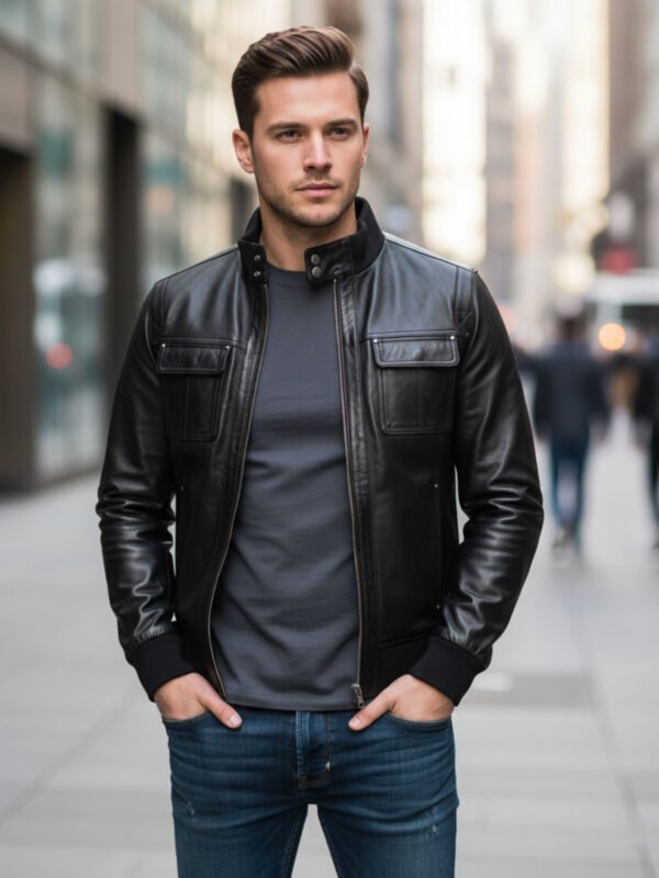 Black Leather Jacket With Straight Ribbed Collar
