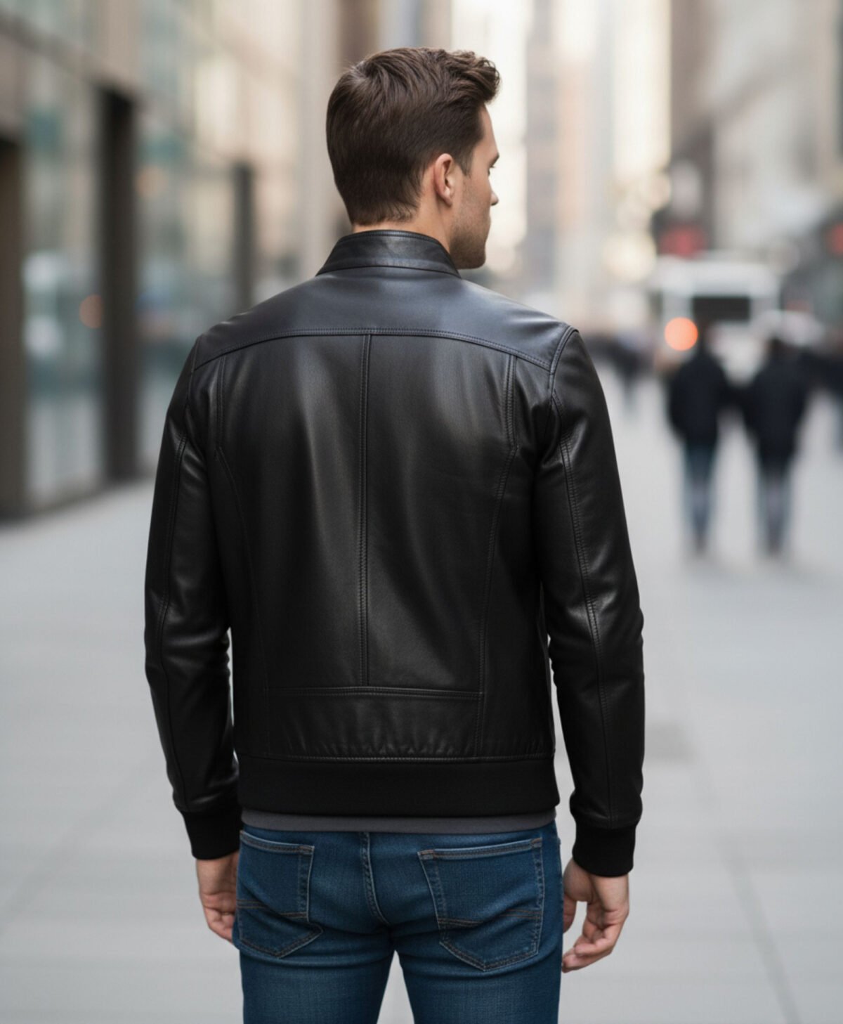 Black Leather Jacket With Straight Ribbed Collar