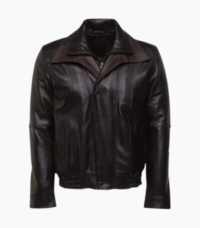 Brown And Black Aviator Style Leather Jacket With Spread Collars