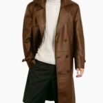 Brown Leather Long Trench Coat For Men