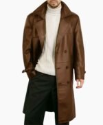 Brown Leather Long Trench Coat For Men