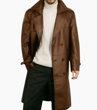 Brown Leather Long Trench Coat For Men