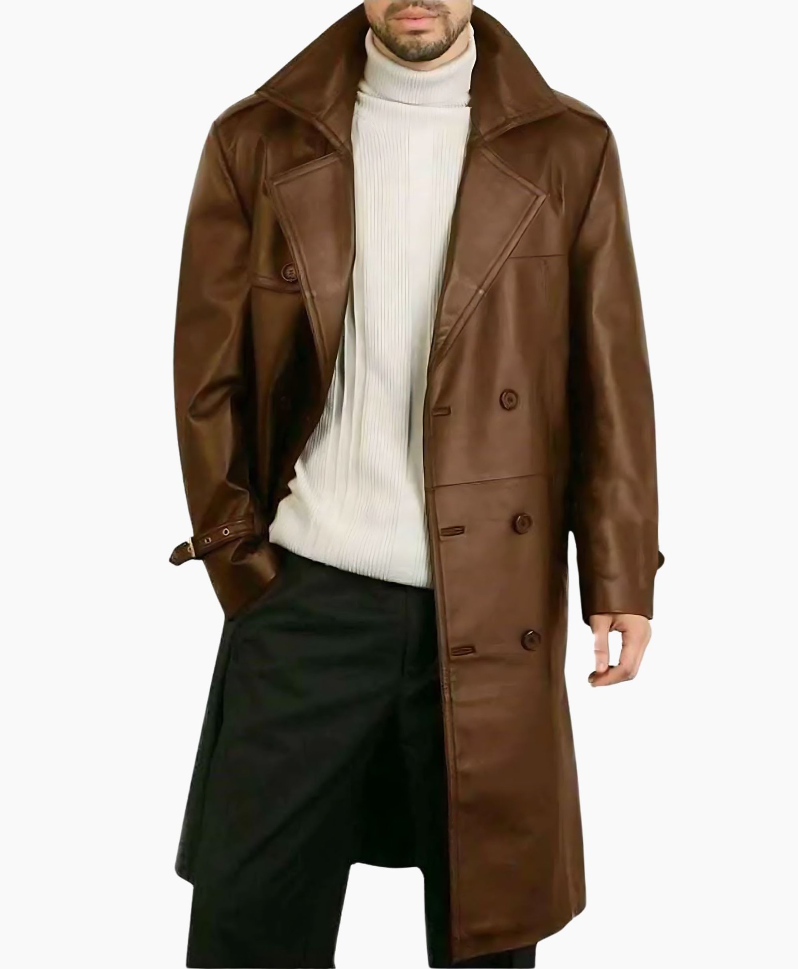 Brown Leather Long Trench Coat For Men Brown Leather Long Trench Coat For Men