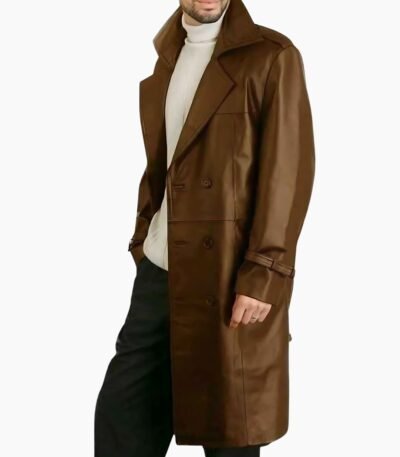 Brown Leather Long Trench Coat For Men