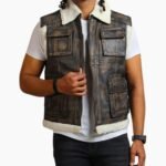 Brown Waxed Faux Fur Leather Vest