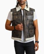 Brown Waxed Faux Fur Leather Vest