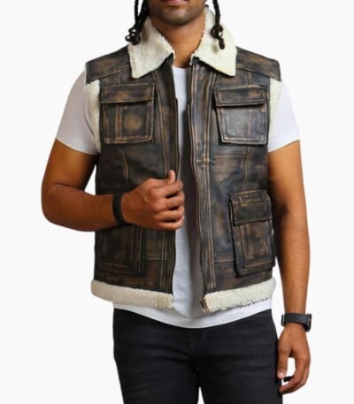 Brown Waxed Faux Fur Leather Vest