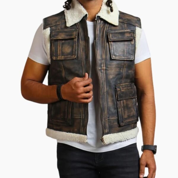 Brown Waxed Faux Fur Leather Vest