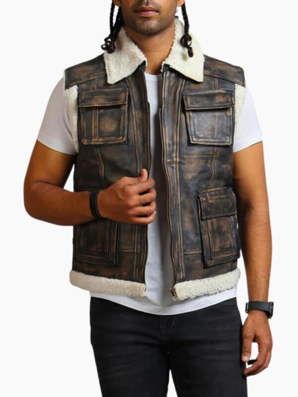 Brown Waxed Faux Fur Leather Vest
