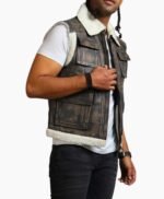 Brown Waxed Faux Fur Leather Vest