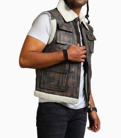 Brown Waxed Faux Fur Leather Vest