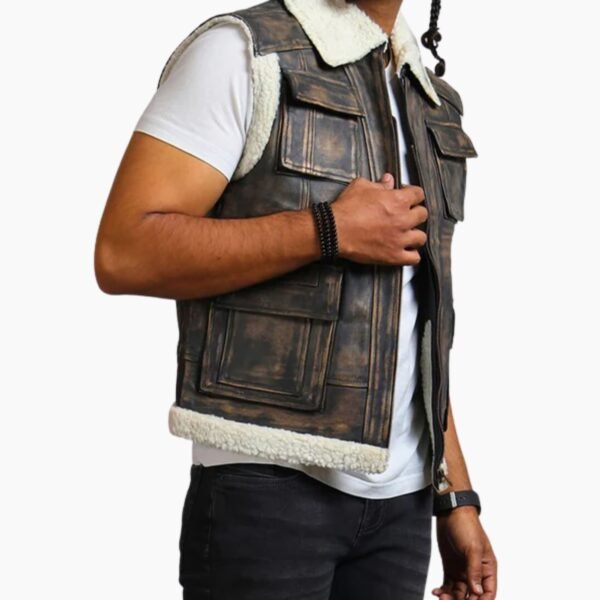 Brown Waxed Faux Fur Leather Vest
