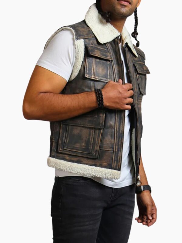 Brown Waxed Faux Fur Leather Vest