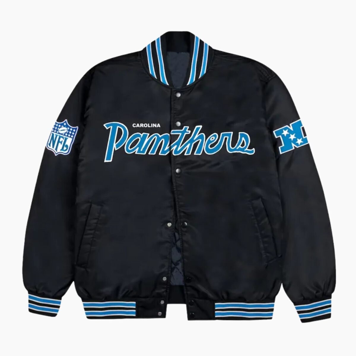 Carolina Panthers Rib Bomber Black Satin Jacket