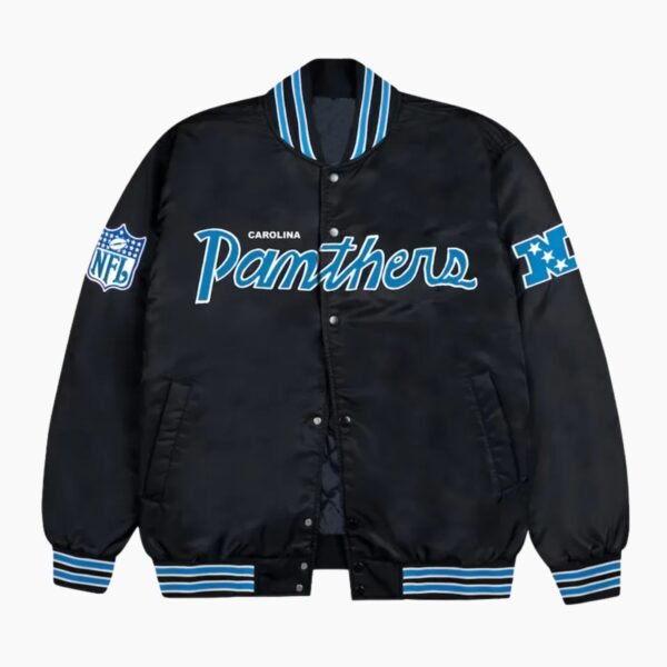 Carolina Panthers Rib Bomber Black Satin Jacket