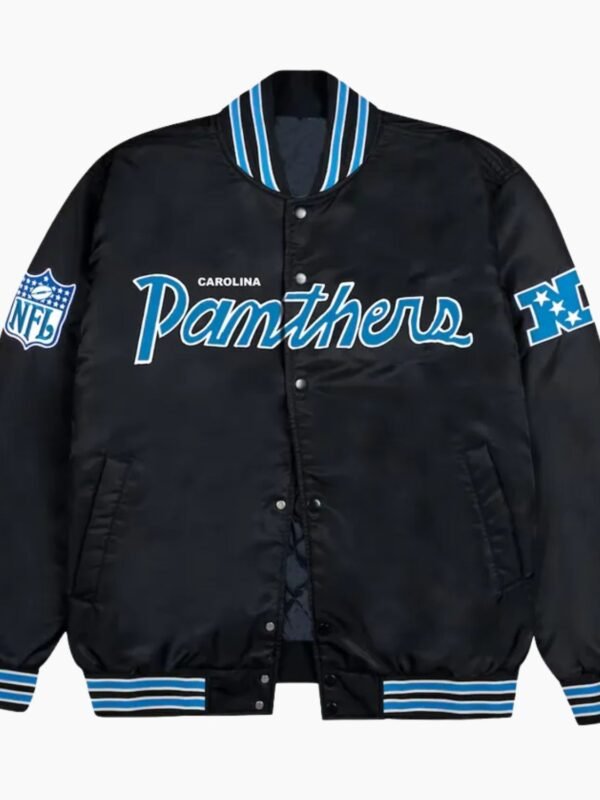 Carolina Panthers Rib Bomber Black Satin Jacket