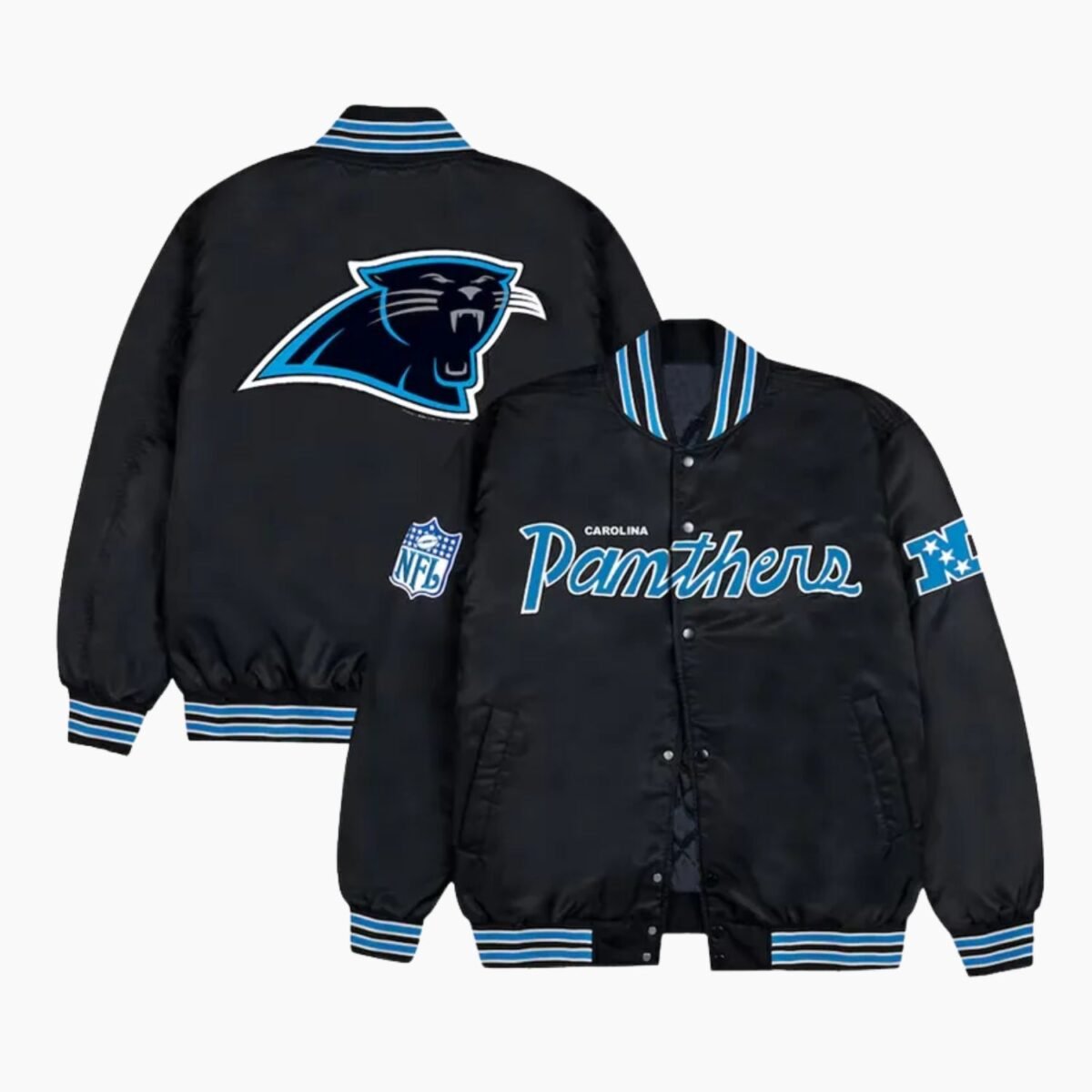 Carolina Panthers Rib Bomber Black Satin Jacket