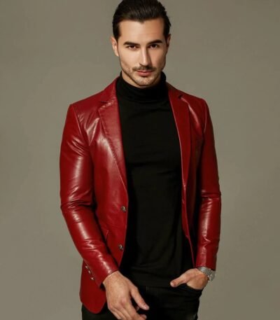 Classic Red Buttoned Goatskin Blazer Leather Jacket