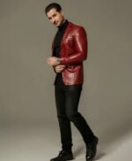 Classic Red Buttoned Goatskin Blazer Leather Jacket