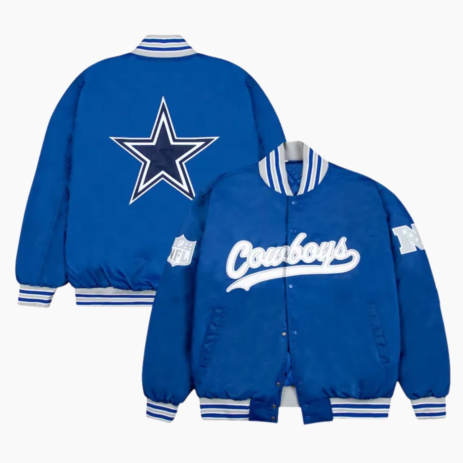 Dallas Cowboys Gray and White Rib Bomber Blue Jacket Dallas Cowboys Gray and White Rib Bomber Blue Jacket