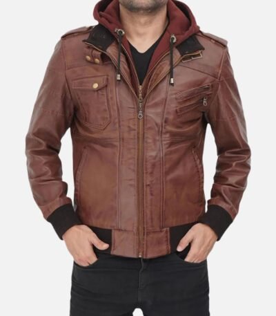 Dark Brown Bomber Jacket with Hood