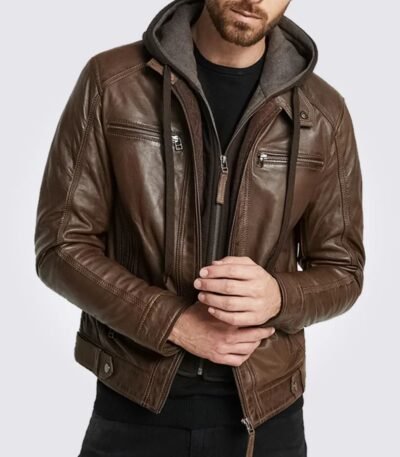 Dark Brown Hooded Motorcycle Leather Jacket