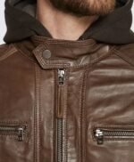 Dark Brown Hooded Motorcycle Leather Jacket