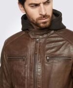 Dark Brown Hooded Motorcycle Leather Jacket