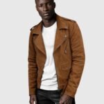 Elegant Caramel Brown Suede Pure Leather Biker Jacket
