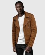 Elegant Caramel Brown Suede Pure Leather Biker Jacket