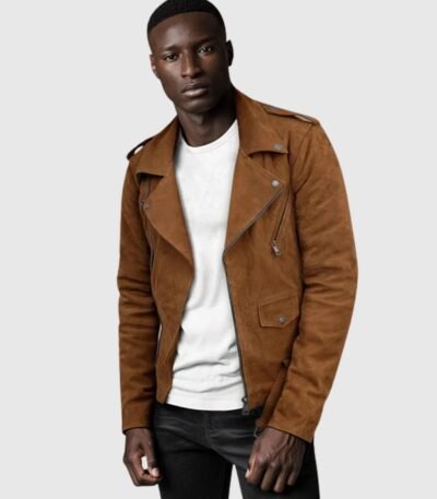 Elegant Caramel Brown Suede Pure Leather Biker Jacket