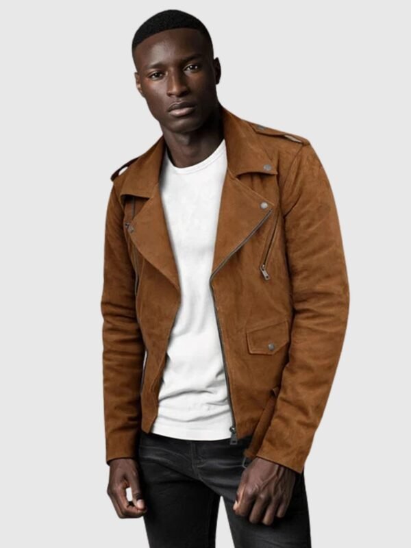 Elegant Caramel Brown Suede Pure Leather Biker Jacket
