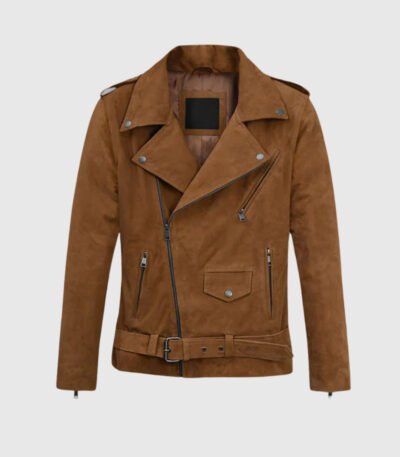 Elegant Caramel Brown Suede Pure Leather Biker Jacket