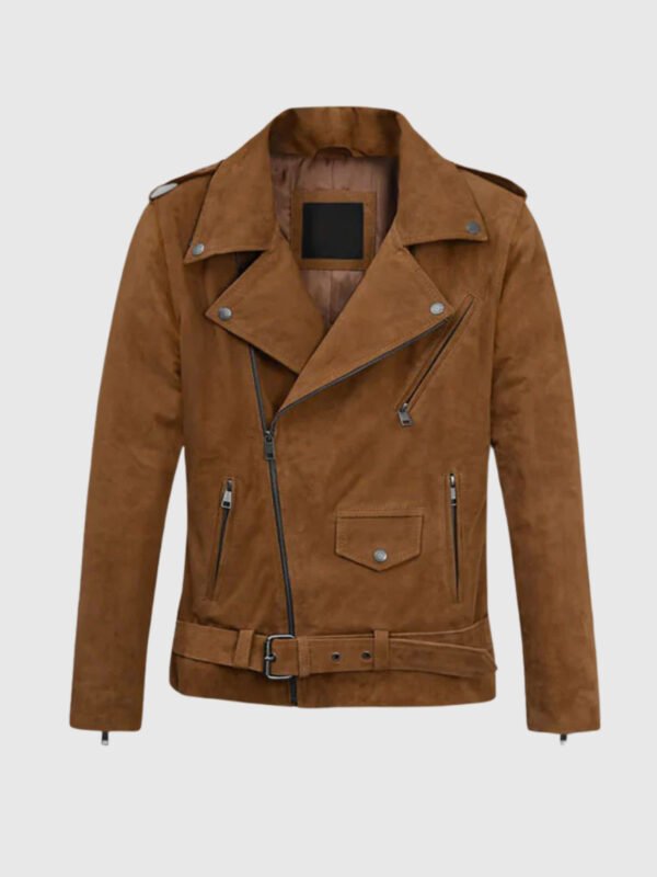 Elegant Caramel Brown Suede Pure Leather Biker Jacket