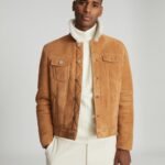 Faux Shearling Collar Real Suede Trucker Stylish Leather Jacket