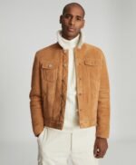 Faux Shearling Collar Real Suede Trucker Stylish Leather Jacket