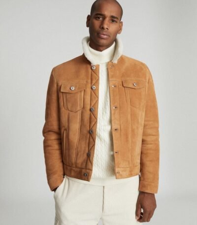 Faux Shearling Collar Real Suede Trucker Stylish Leather Jacket