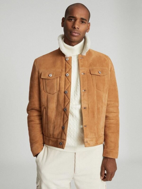 Faux Shearling Collar Real Suede Trucker Stylish Leather Jacket