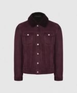 Faux Shearling Collar Real Suede Trucker Stylish Leather Jacket
