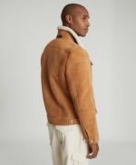 Faux Shearling Collar Real Suede Trucker Stylish Leather Jacket