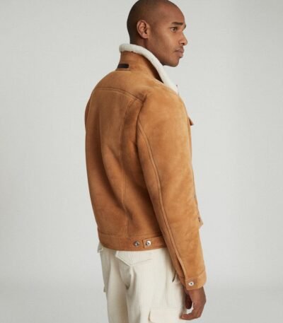 Faux Shearling Collar Real Suede Trucker Stylish Leather Jacket