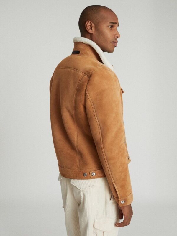 Faux Shearling Collar Real Suede Trucker Stylish Leather Jacket