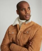 Faux Shearling Collar Real Suede Trucker Stylish Leather Jacket